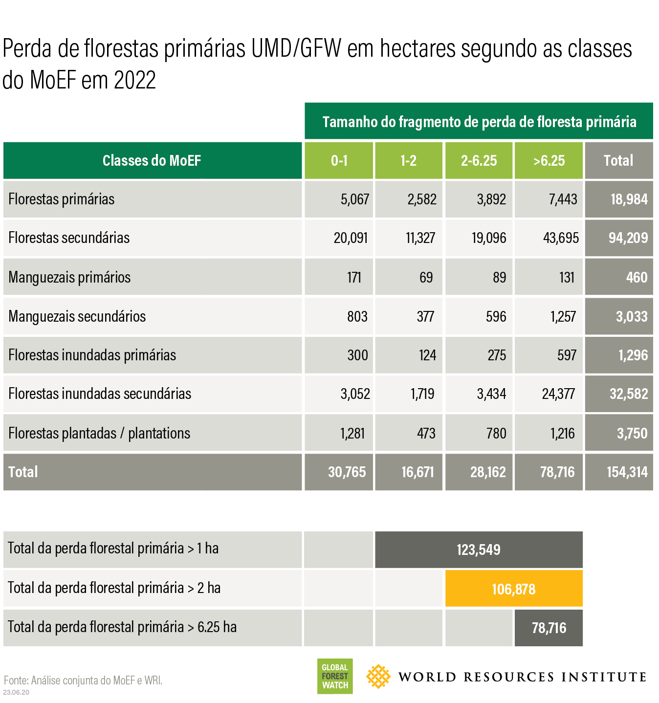 Perda de florestas primárias UMD/GFW em hectares segundo as classes do MoEF em 2022