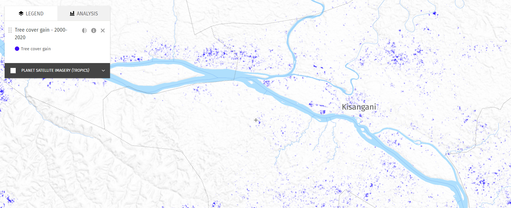 Tree cover gain 2000-2020 visualized on the GFW map